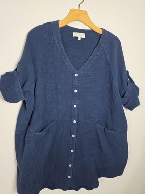 PINCH Navy Blue Button-Front V-Neck Dress TUNIC